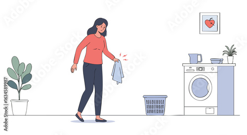 Minimalist Vector Illustration of Woman Doing Laundry with Modern Interior Design Style and Soft Color Palette