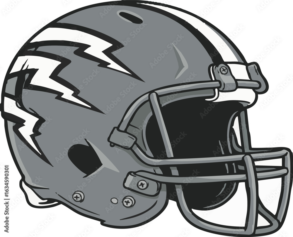 Fototapeta premium A dynamic grayscale vector illustration of a football helmet featuring a striking lightning bolt design, perfect for a sports team mascot or logo