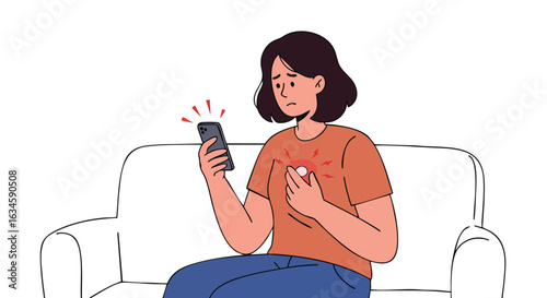 Minimalist Vector Illustration of Woman Suffering Heartburn with Smartphone in Modern Flat Style