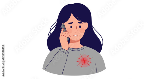 Vector Illustration of Worried Woman with Heartache Emblem in Modern Minimalist Style