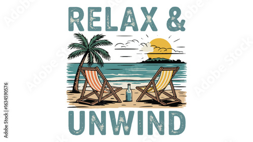 Beach Scene with Two Deck Chairs and Palm Tree relax