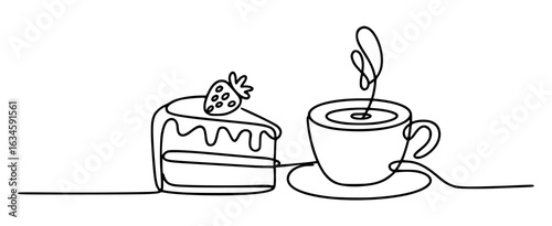 Slice of cake with strawberry and steaming coffee cup vector