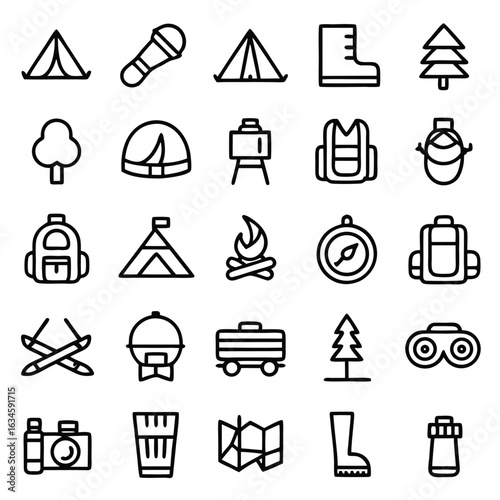 Collection of Outdoor Camping and Hiking Equipment Icons tent microphone