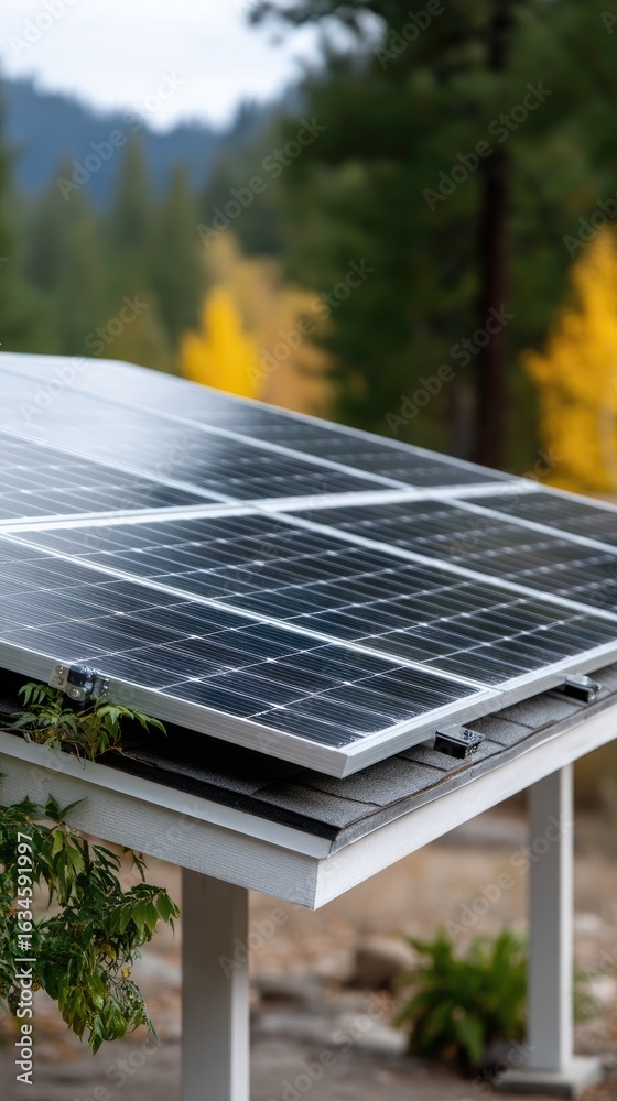 Fototapeta premium Renewable energy installation on a modern building in a mountainous area showcasing solar panels in a serene landscape