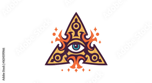 Mystical Vector Illustration of Triangular Eye Symbol with Ornamental Flourishes in Warm Earth Tones Modern Style