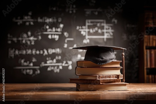Wallpaper Mural Graduation cap atop stacked books on wooden table, chalkboard background Torontodigital.ca