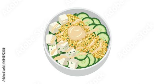 Minimalist Vector Illustration of Cucumber Salad with Tofu and Sesame Seeds in Modern Organic Style
