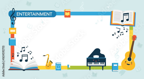 Cartoon illustration of musical instruments and books forming a frame for entertainment content