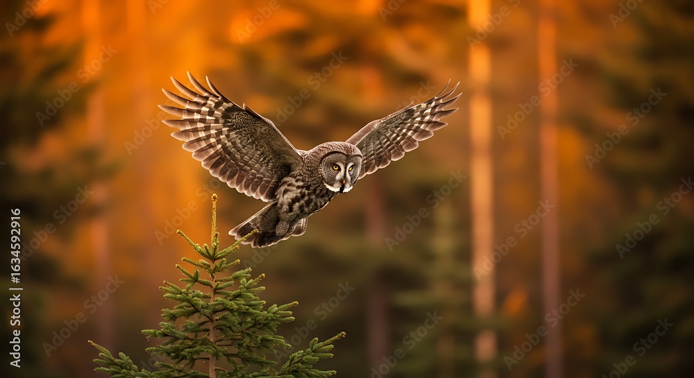 Fototapeta premium Silent hunter's flight: Great Grey Owl soaring in golden forest light.