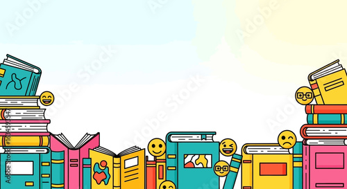 Colorful book border background with emoticon stickers education and learning vector illustration