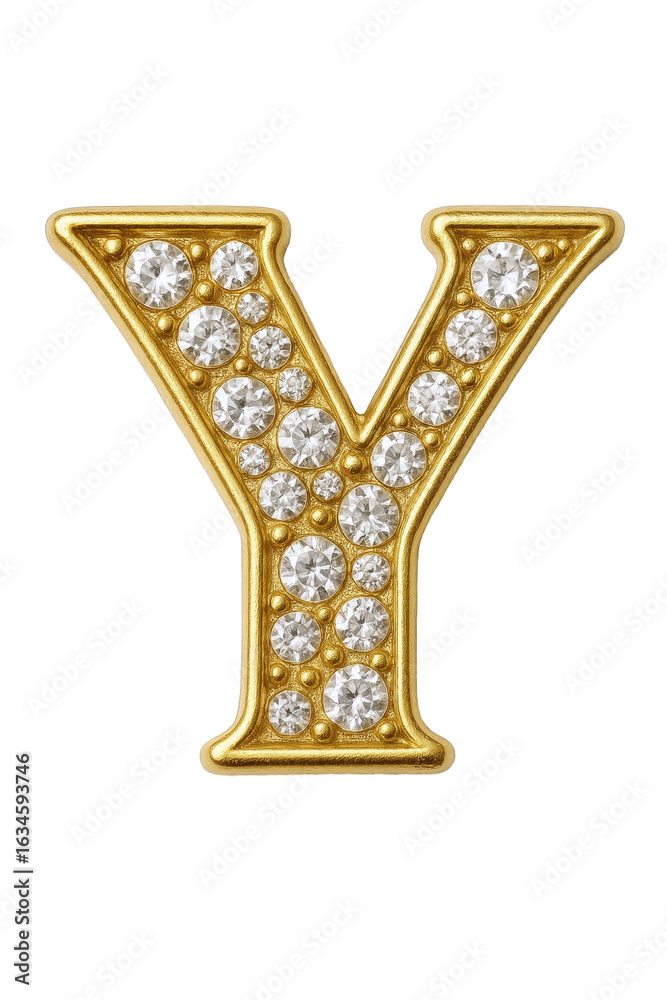 Fototapeta premium Luxurious Gold Letter Y Adorned with Sparkling Diamonds and Small Gold Beads, Isolated on Black