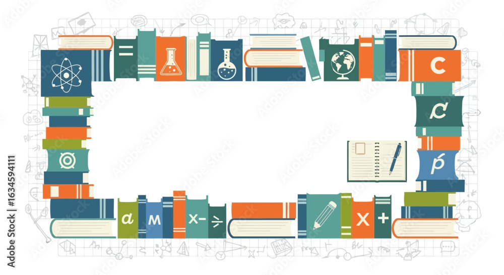 Obraz premium Colorful stacked books frame for school education and learning concepts design vector illustration