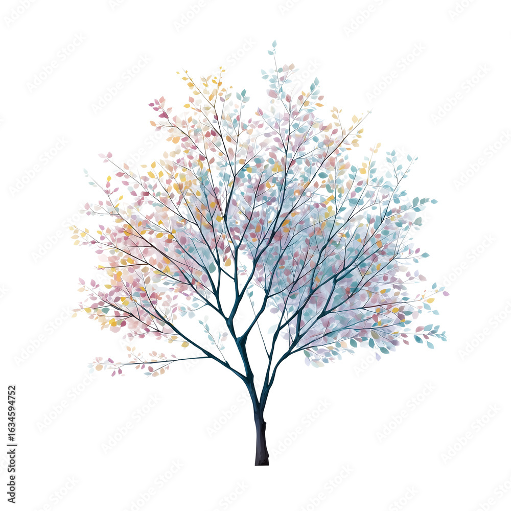 Fototapeta premium A solitary deciduous tree adorned with delicate pastel colored leaves against a stark white background