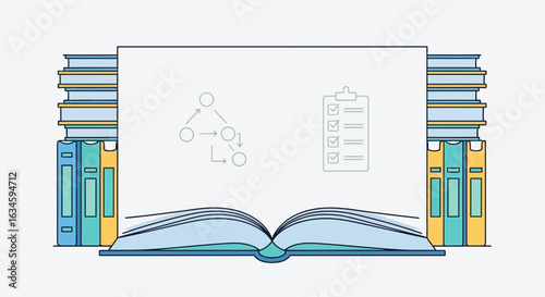 Conceptual illustration of learning process with open book and diagrammatic representation