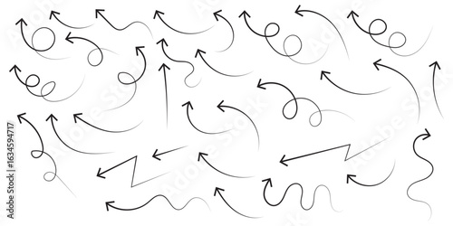 Thin arrows set for business plan, presentation and education. Sign, Symbol, Hand drawn arrow collection. Simple Hand-Drawn Arrow Set Black Vector. Hand drawn thin line arrows set. Curve arrow set.