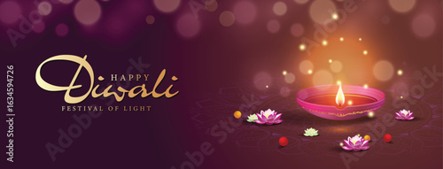 Happy Diwali Poster with Diya Lamp and Mandala pattern. Indian festival of lights Design with blur and bokeh on purple background. Suitable for Greeting Card, Banner, Flyer, Template.
