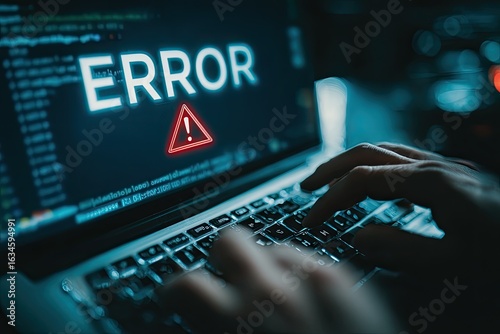 A laptop screen displays an error message with a warning symbol, while a person types on the keyboard