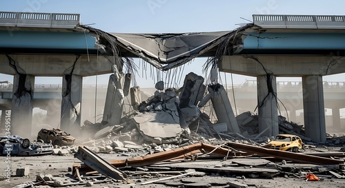 Collapsed highway bridge with concrete rubble and wrecked cars