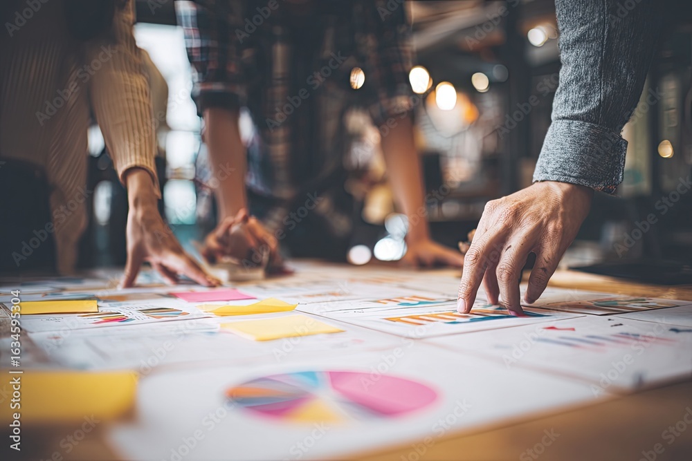 Obraz premium Close-up of team collaboration, hands on charts, graphs & sticky notes