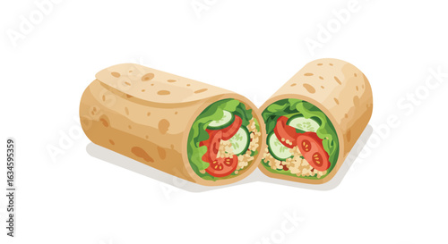 Vector Food Wrap Illustration of Burrito with Vegetables in Modern Minimalist Style Bright Colors