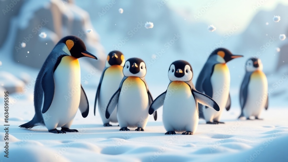 Fototapeta premium Adorable Emperor Penguin Family Wanders Through a Snowy Landscape