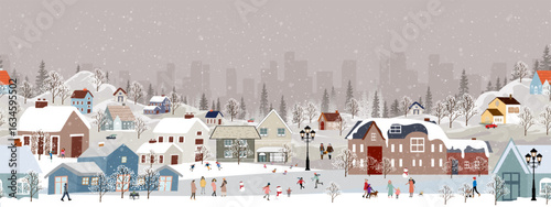Christmas vector,Seamless Winter landscape celebrating New Year in village at night,happy people playing ice skate in city park,Vector Cute cartoon Seamless pattern horizontal banner winter wonderland