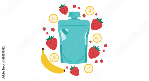 Vector Illustration of Fruit Infused Water Bottle with Strawberries Lemon and Banana in Modern Minimalist Style