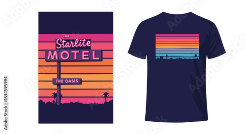 Vector Illustration of Retro Motel Sign with Sunset Landscape in Minimalist Style Featuring Bright Pink Orange and Blue Colors