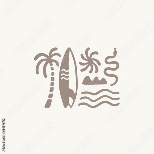 Vintage boho hand drawn surf design for surf club, surf shop, surf merch