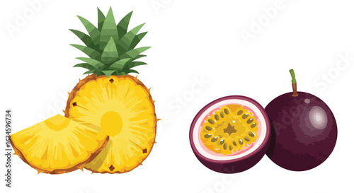 Vector Illustration of Pineapple and Passion Fruit in Modern Style with Bright Yellow, Green, and Deep Purple Colors