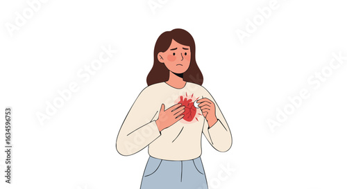 Minimalist Vector Illustration of Woman with Heart Pain in Organic Style in Soft Red and Beige Colors for Health Care and Medical Design