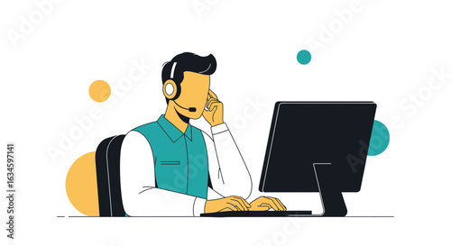 Customer service representative providing online support at the computer
