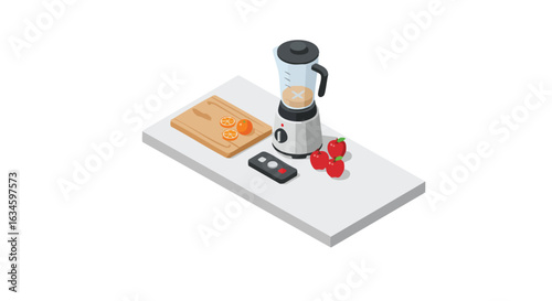Vector Illustration of Kitchen Blender with Fruits and Cutting Board in Modern Minimalist Style