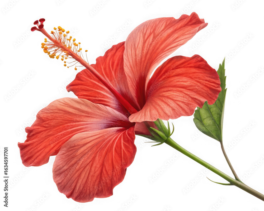 Fototapeta premium A vibrant red hibiscus flower with detailed petals isolated on transparent background
