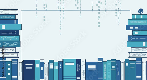 Digital Library Concept with Books and Binary Code Represents Modern Learning and Knowledge Transfer