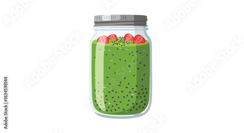 Vector Illustration of Green Smoothie in Mason Jar with Strawberry Garnish in Modern Minimalist Style