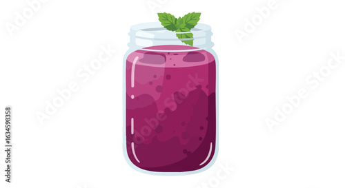 Vector Illustration of Berry Juice in Glass Jar in Modern Organic Style with Green Mint Garnish