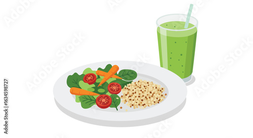 Vector Illustration of Healthy Salad with Green Juice in Modern Minimalist Style Featuring Fresh Vegetables and Bright Colors