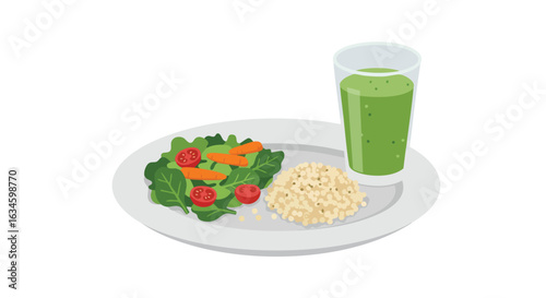 Vector Illustration of Healthy Meal with Salad Rice and Green Juice in Minimalist Style