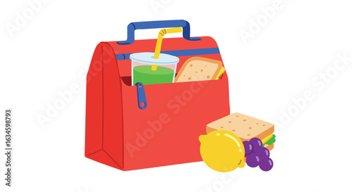 Minimalist Vector Food Bag Illustration with Sandwich Fruit and Drink in Bright Colors