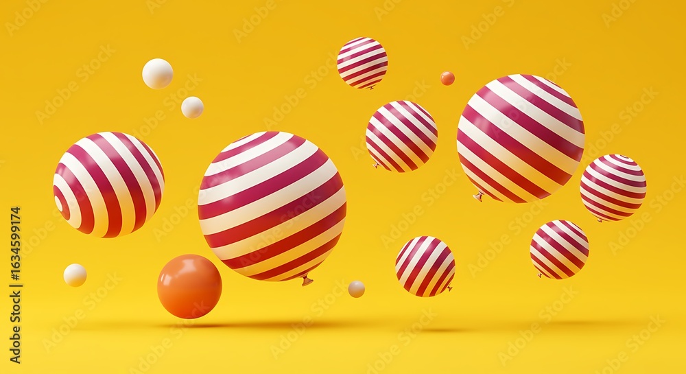 Fototapeta premium Vibrant Red and White Striped Balloons Floating Joyfully on a Sunny Yellow Background