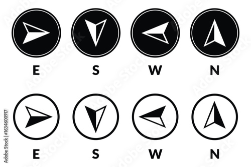 Compass icon set, Arrow compass icon sign and symbol, Compass icon for navigation and travel direction themes, Vector compass rose with North, South, East, and West indicated