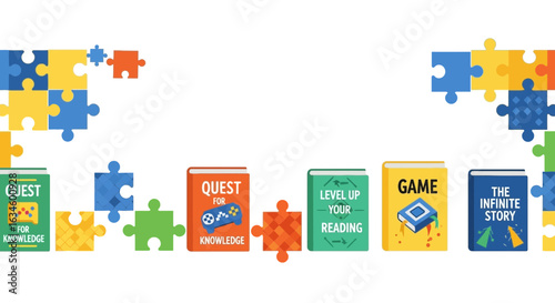 Educational games and learning books with puzzle pieces on a white backdrop