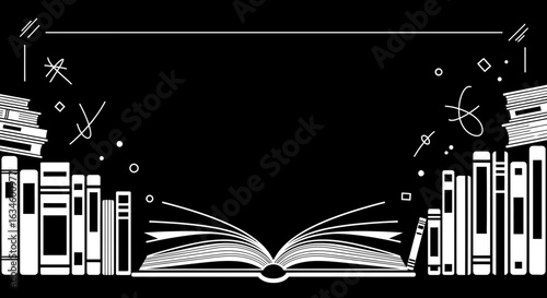 Elegant black and white book frame with stylized open book and shelf design for presentations and