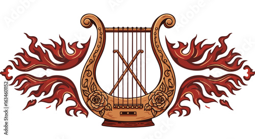 Vector Illustration of a Lyre with Flames in Vintage Artistic Style in Warm Earth Tones