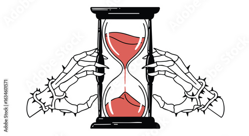 Minimalist Vector Illustration of Skeleton Hands Holding Hourglass in Gothic Style with Red Sand