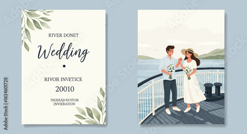Elegant river cruise wedding invitation with floral accents and charming illustration