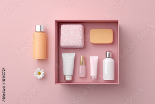 Elevated view of a beauty product set in a pink box, featuring creams, lotions, sponges, and a chamomile against a pink background.