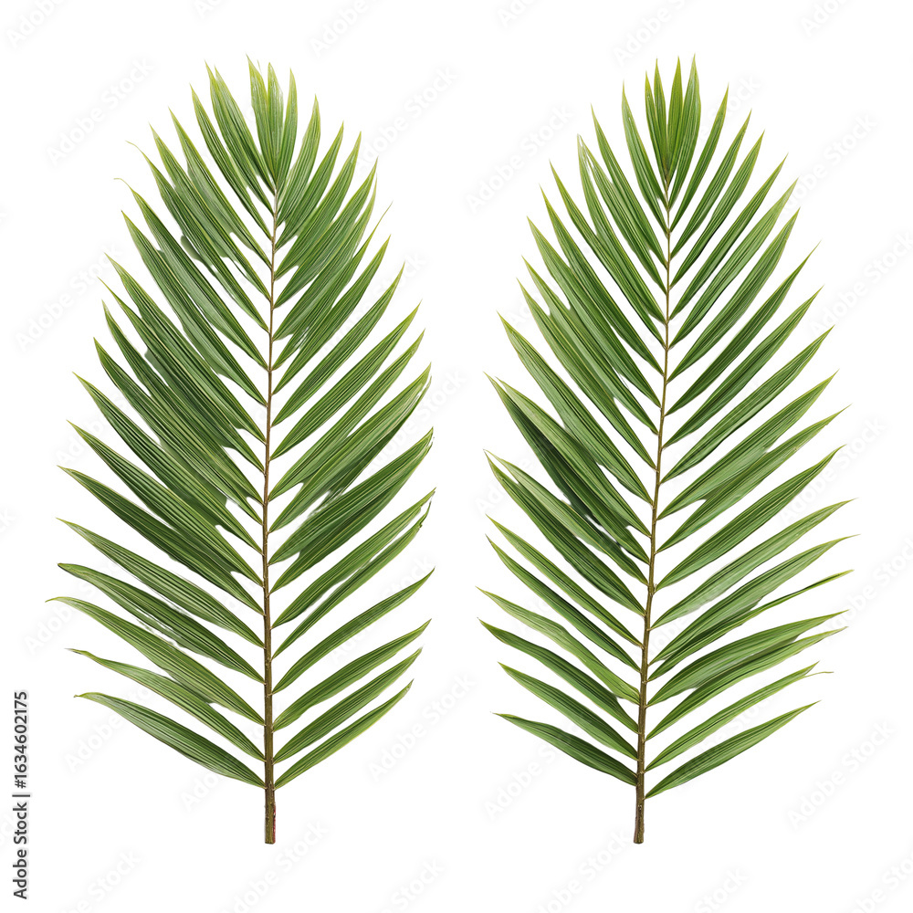 Fototapeta premium Two realistic green palm fronds with delicate white edges on a clean white background