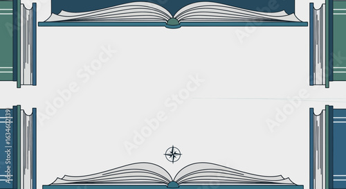 Elegant literature frame with open books and a compass, perfect for presentations and literary